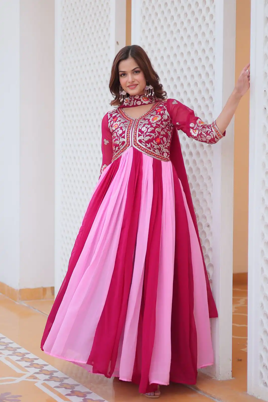 Pink Fox Georgette Embroidery Thread Work Gown | Gowns, Bollywood Gowns, Creative Gowns, Designer Gowns, Embroidered Gowns, Party Wear Gowns