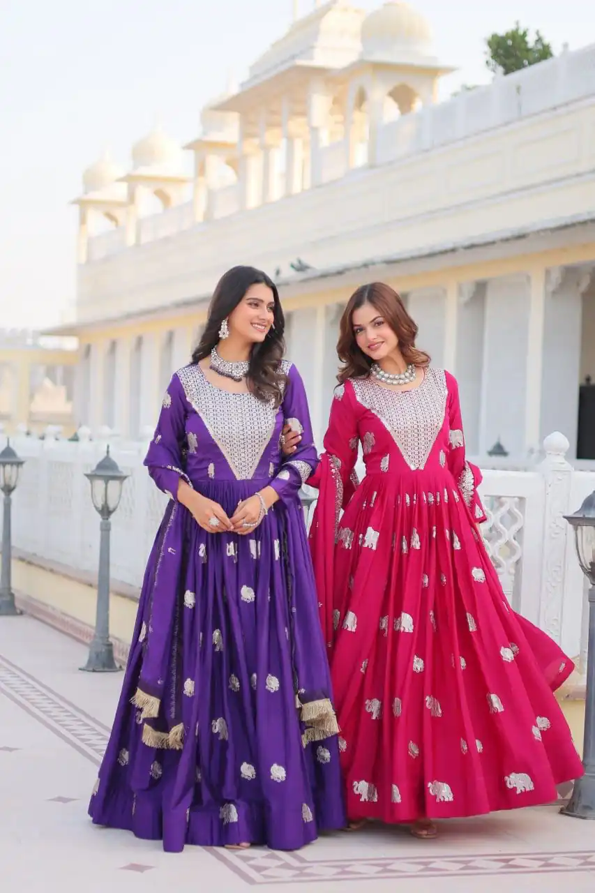 Pink Fox Georgette Embroidery Work Gown | Gowns, Bollywood Gowns, Creative Gowns, Designer Gowns, Embroidered Gowns, Party Wear Gowns