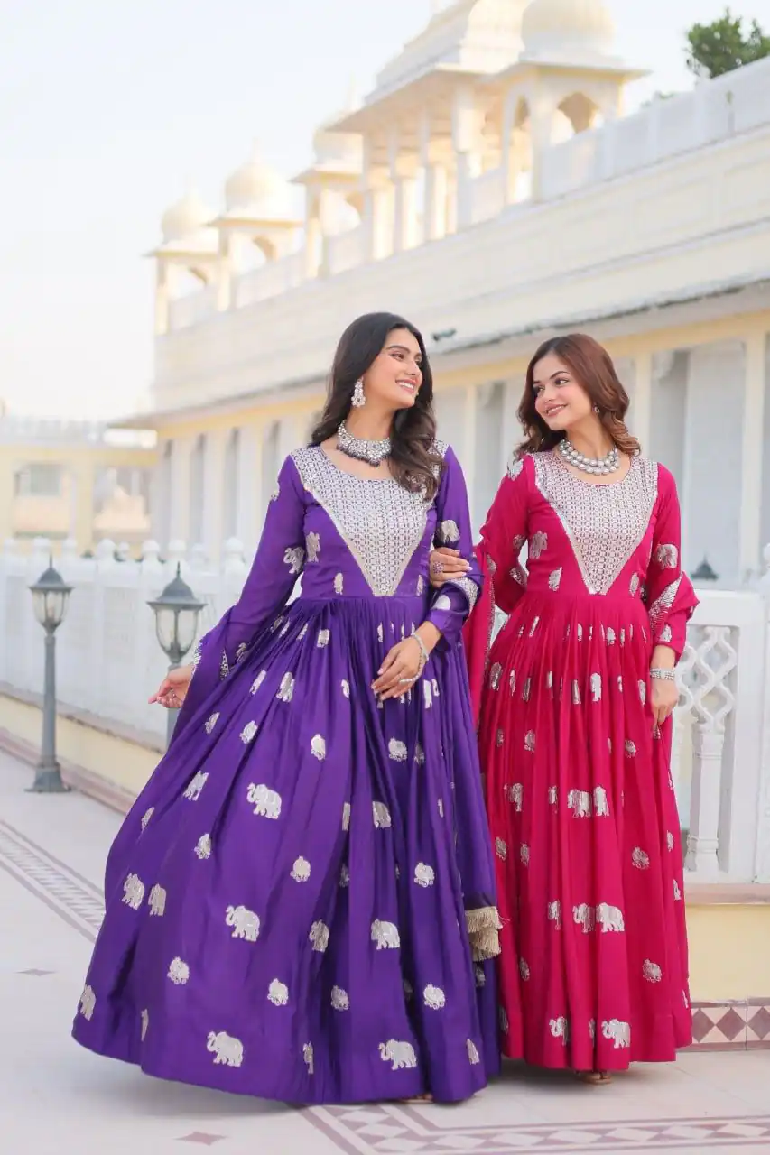Pink Fox Georgette Embroidery Work Gown | Gowns, Bollywood Gowns, Creative Gowns, Designer Gowns, Embroidered Gowns, Party Wear Gowns