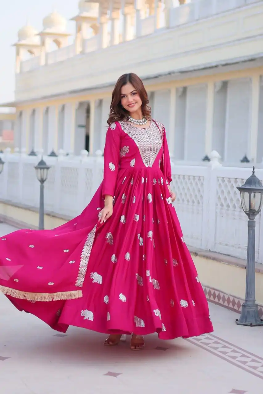 Pink Fox Georgette Embroidery Work Gown | Gowns, Bollywood Gowns, Creative Gowns, Designer Gowns, Embroidered Gowns, Party Wear Gowns