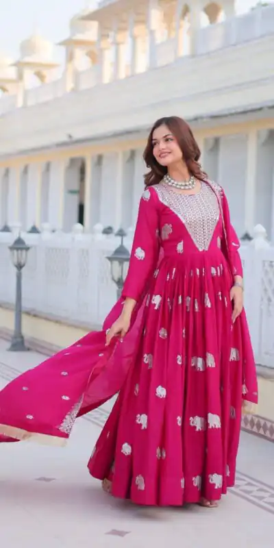 Pink Fox Georgette Embroidery Work Gown | Gowns, Bollywood Gowns, Creative Gowns, Designer Gowns, Embroidered Gowns, Party Wear Gowns