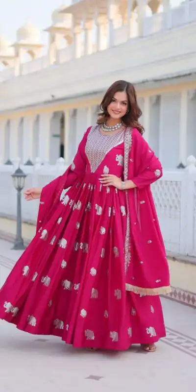 Pink Fox Georgette Embroidery Work Gown | Gowns, Bollywood Gowns, Creative Gowns, Designer Gowns, Embroidered Gowns, Party Wear Gowns