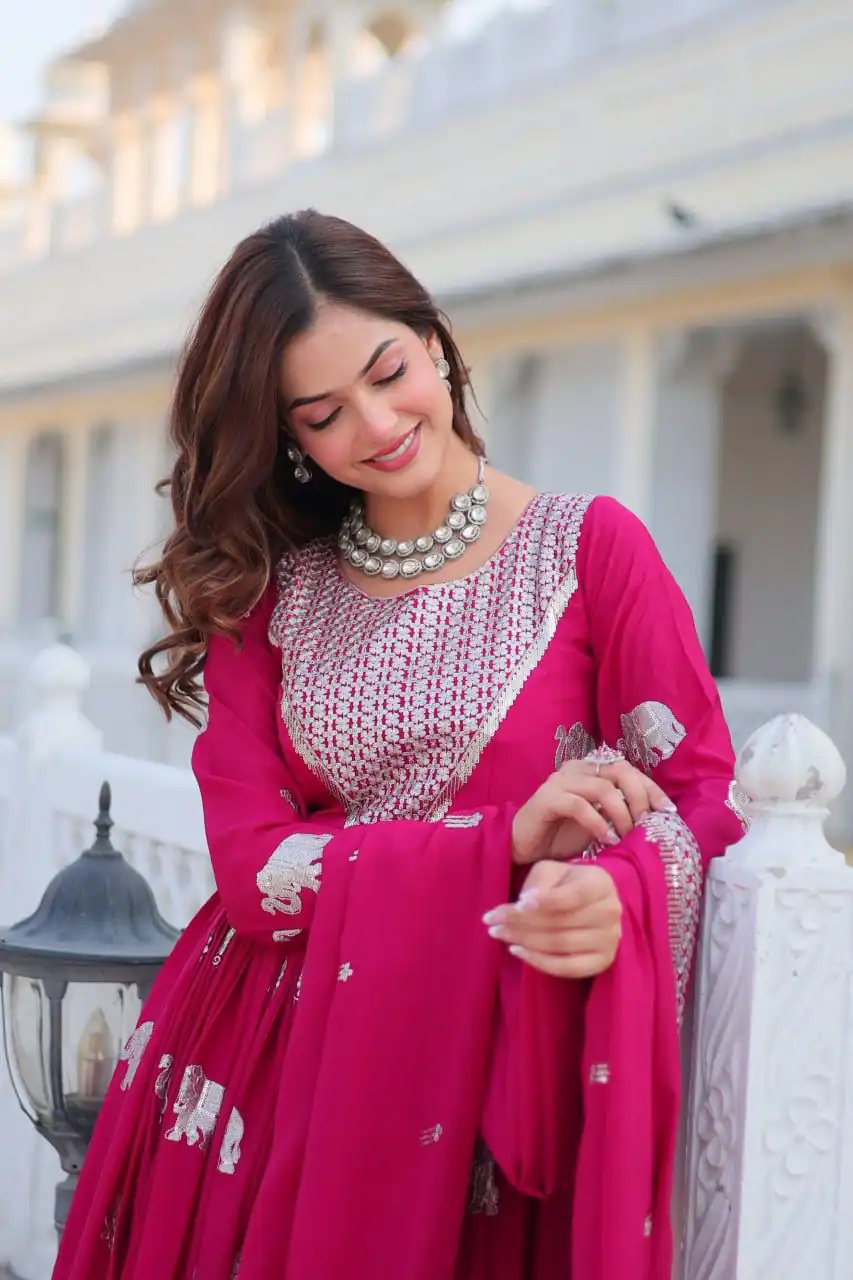 Pink Fox Georgette Embroidery Work Gown | Gowns, Bollywood Gowns, Creative Gowns, Designer Gowns, Embroidered Gowns, Party Wear Gowns