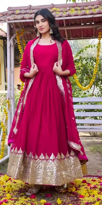 Pink Fox Georgette Embroidery Work Gown | Gowns, Bollywood Gowns, Creative Gowns, Designer Gowns, Embroidered Gowns, Party Wear Gowns