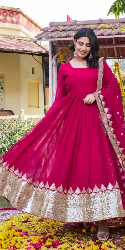 Pink Fox Georgette Embroidery Work Gown | Gowns, Bollywood Gowns, Creative Gowns, Designer Gowns, Embroidered Gowns, Party Wear Gowns