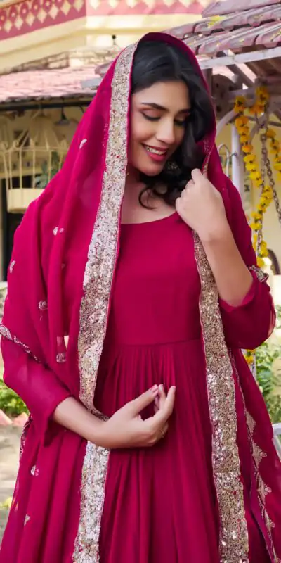 Pink Fox Georgette Embroidery Work Gown | Gowns, Bollywood Gowns, Creative Gowns, Designer Gowns, Embroidered Gowns, Party Wear Gowns
