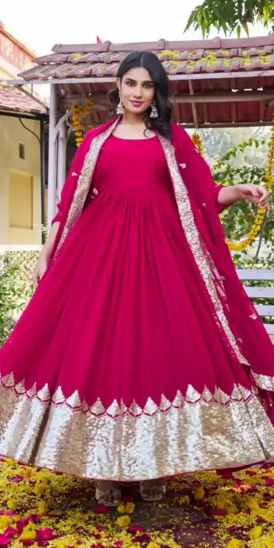 Pink Fox Georgette Embroidery Work Gown | Gowns, Bollywood Gowns, Creative Gowns, Designer Gowns, Embroidered Gowns, Party Wear Gowns