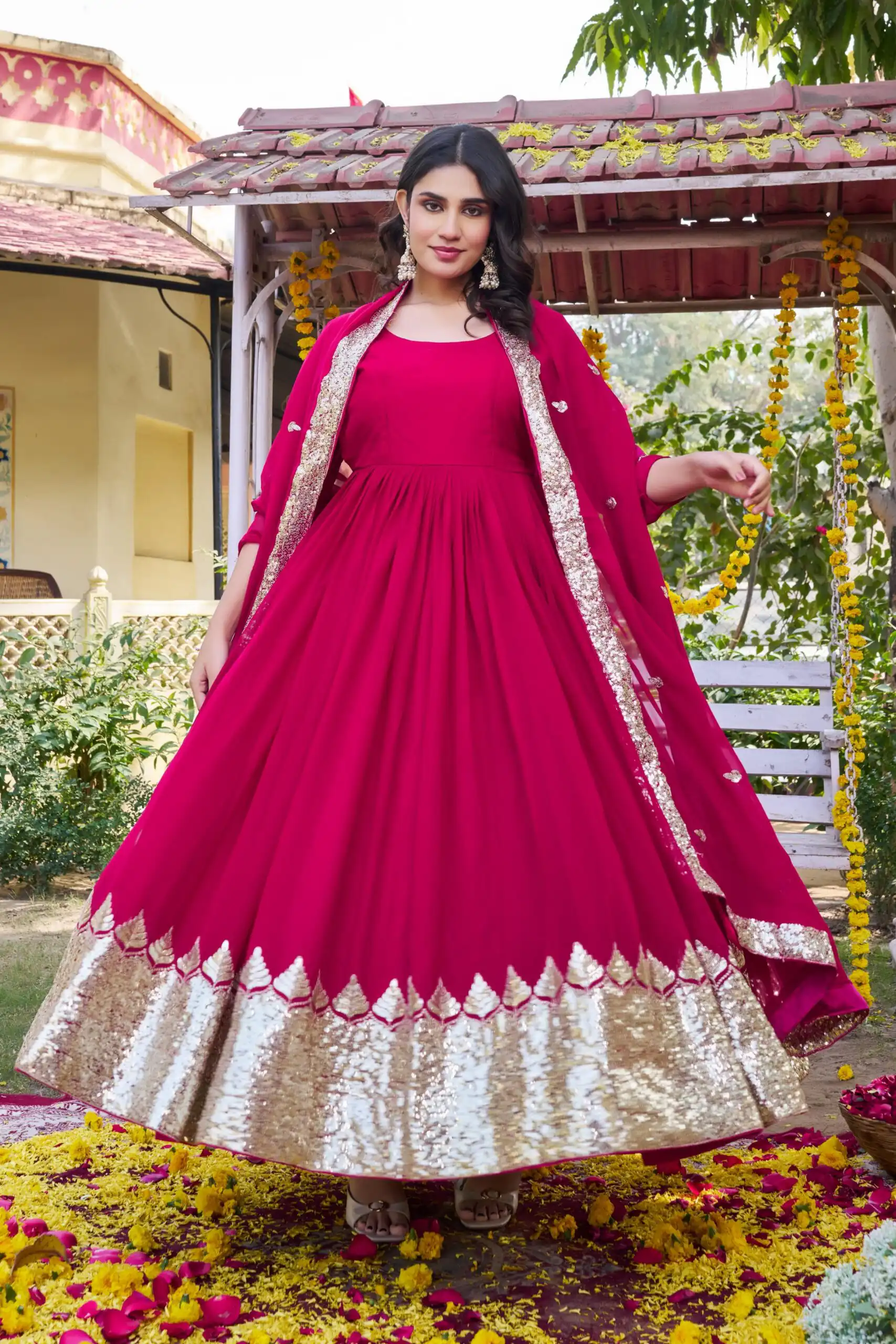 Pink Fox Georgette Embroidery Work Gown | Gowns, Bollywood Gowns, Creative Gowns, Designer Gowns, Embroidered Gowns, Party Wear Gowns