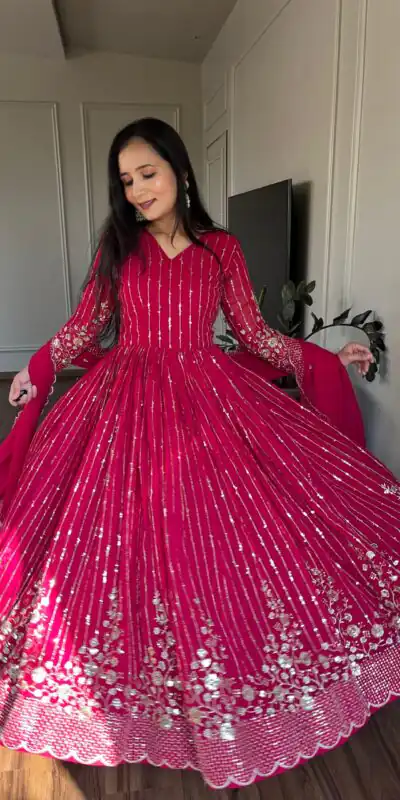 Pink Fox Georgette sequence Embroidery Work With Gown | Gowns, Bollywood Gowns, Creative Gowns, Designer Gowns, Embroidered Gowns, Party Wear Gowns