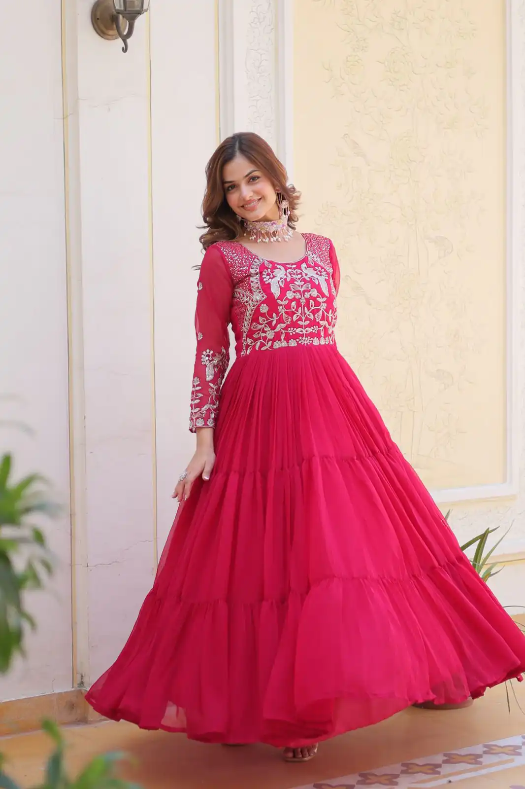 Pink Fox Georgette Sequence Work Gown | Gowns, Bollywood Gowns, Creative Gowns, Designer Gowns, Embroidered Gowns, Party Wear Gowns