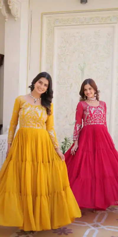 Pink Fox Georgette Sequence Work Gown | Gowns, Bollywood Gowns, Creative Gowns, Designer Gowns, Embroidered Gowns, Party Wear Gowns