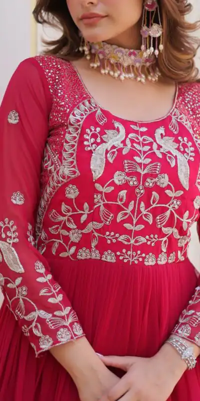Pink Fox Georgette Sequence Work Gown | Gowns, Bollywood Gowns, Creative Gowns, Designer Gowns, Embroidered Gowns, Party Wear Gowns