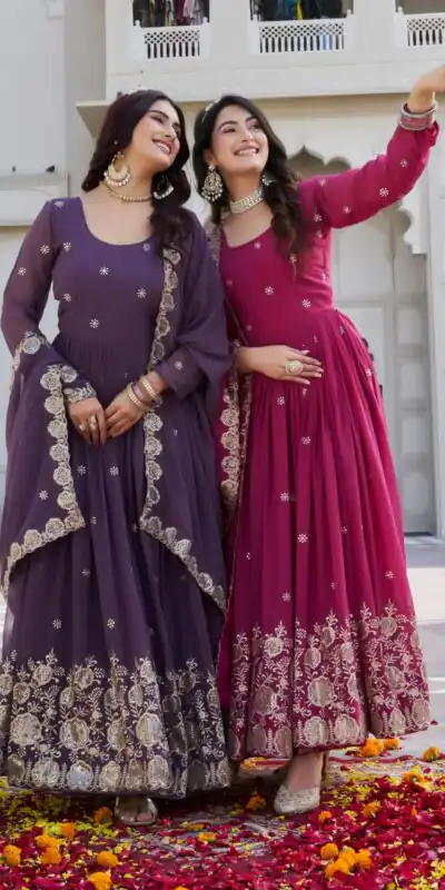 Pink Fox Georgette With Sequence Work Gown | Gowns, Bollywood Gowns, Creative Gowns, Designer Gowns, Embroidered Gowns, Party Wear Gowns