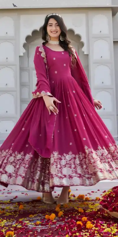 Pink Fox Georgette With Sequence Work Gown | Gowns, Bollywood Gowns, Creative Gowns, Designer Gowns, Embroidered Gowns, Party Wear Gowns