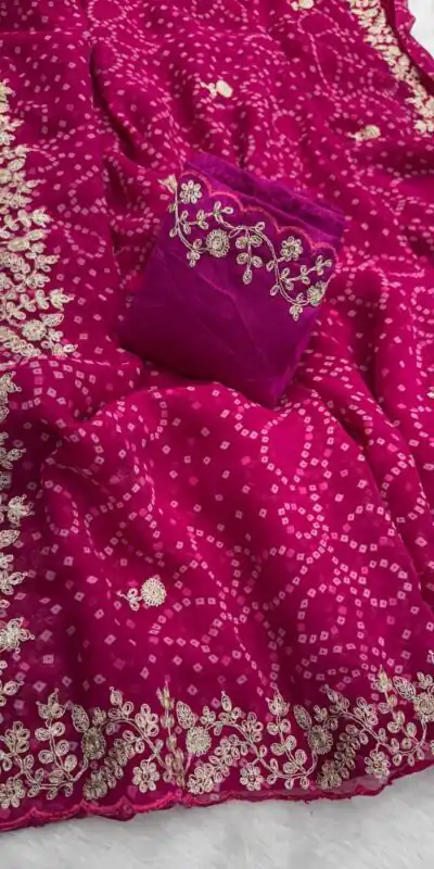Pink Georgette Bandhni Print Pita Work Embroidery Saree | Sarees, Bollywood Sarees, Creative Sarees, Designer Sarees, Embroidered Sarees, Ethnic Saree, Modern Digital sarees, Party Wear Sarees