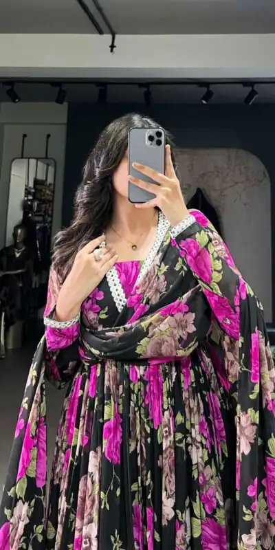 Pink Georgette Floral Printed Paper Mirror Lace Gown | Gowns, Bollywood Gowns, Creative Gowns, Designer Gowns, Embroidered Gowns, Party Wear Gowns