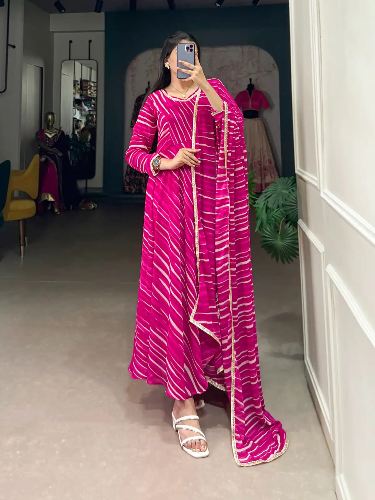 Pink Georgette Leheriya Gown | Gowns, Bollywood Gowns, Creative Gowns, Designer Gowns, Embroidered Gowns, Party Wear Gowns