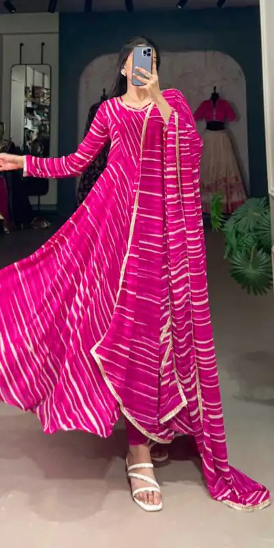 Pink Georgette Leheriya Gown | Gowns, Bollywood Gowns, Creative Gowns, Designer Gowns, Embroidered Gowns, Party Wear Gowns