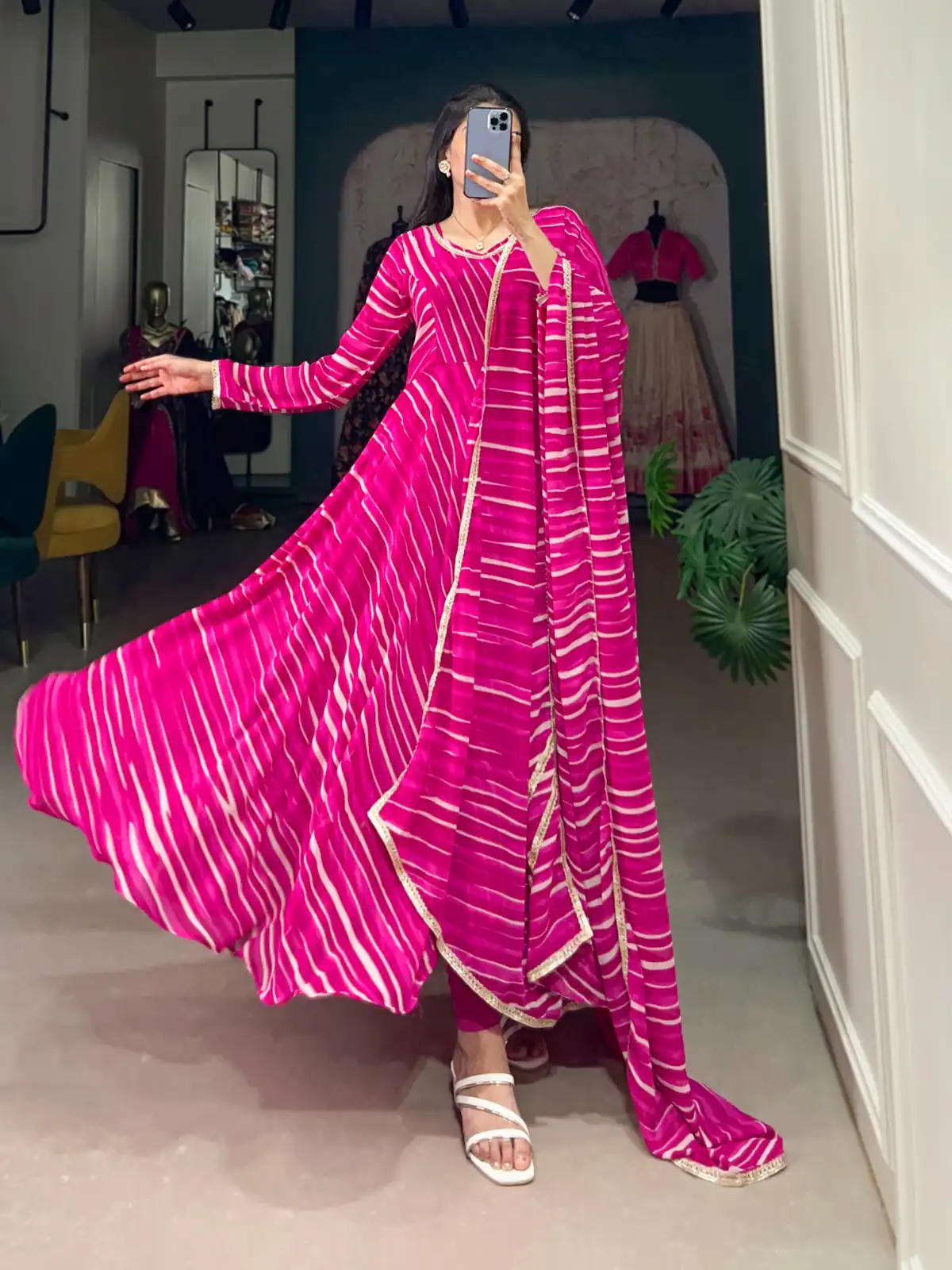 Pink Georgette Leheriya Gown | Gowns, Bollywood Gowns, Creative Gowns, Designer Gowns, Embroidered Gowns, Party Wear Gowns