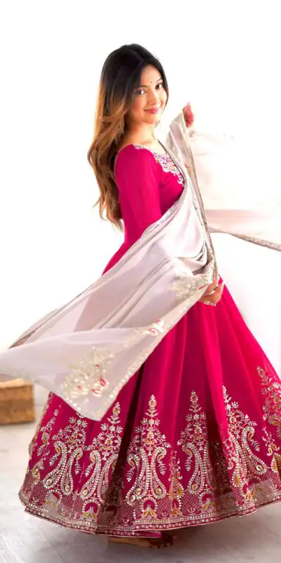 Pink Georgette With Embroidery Work Gown | Jump Suits, Salwar suit, Casual Suits, Creative suits, Designer Suits, Palazzo Suits, Party Wear Suits, Patiala Suits, Straight Suits