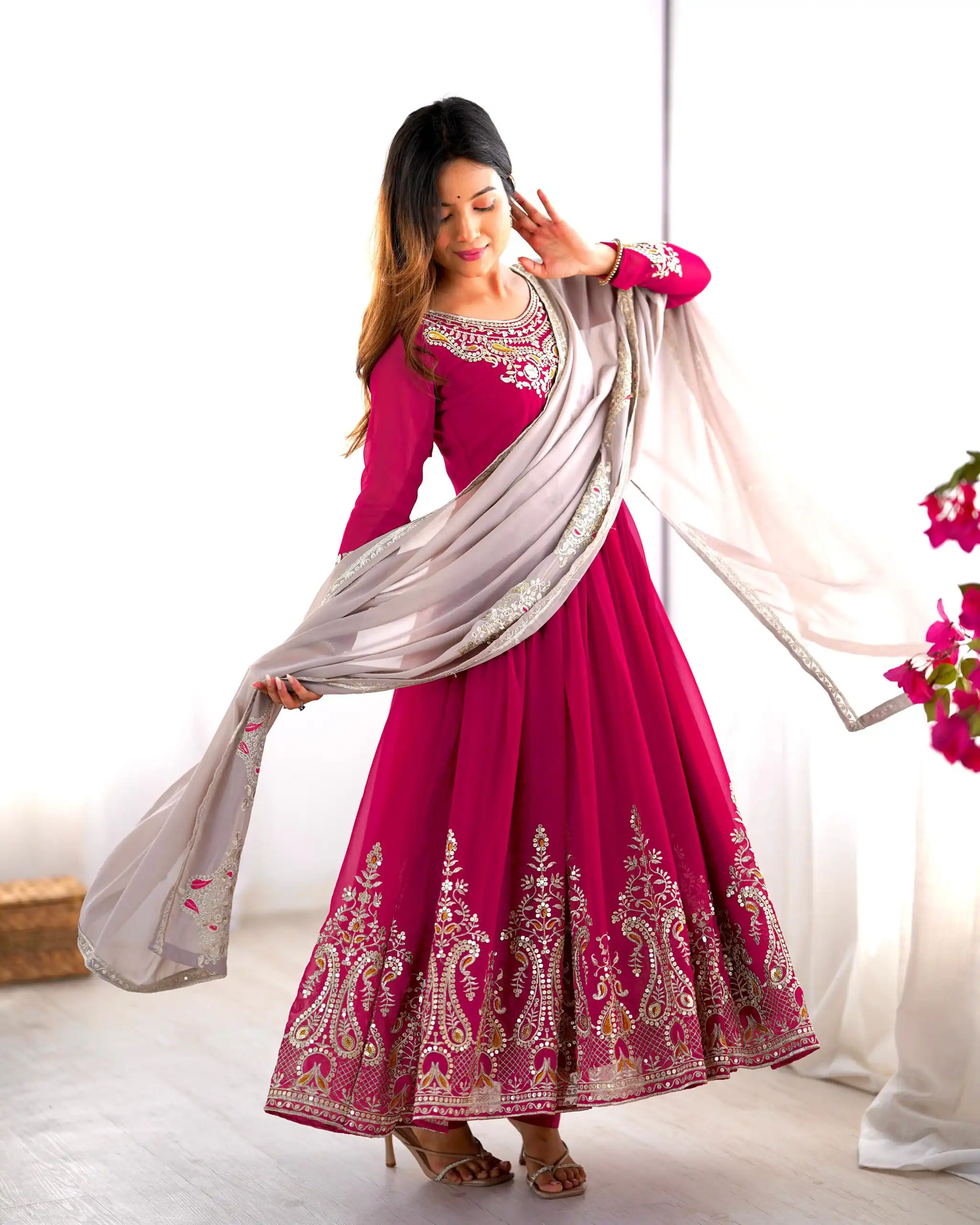 Pink Georgette With Embroidery Work Gown | Jump Suits, Salwar suit, Casual Suits, Creative suits, Designer Suits, Palazzo Suits, Party Wear Suits, Patiala Suits, Straight Suits