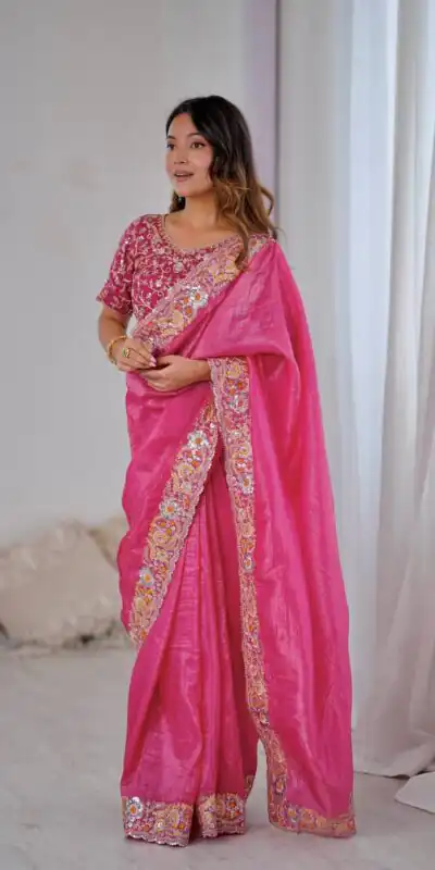 Pink Gold Crush Silk With Embroidery Work Saree | Sarees, Bollywood Sarees, Creative Sarees, Designer Sarees, Embroidered Sarees, Ethnic Saree, Modern Digital sarees, Party Wear Sarees