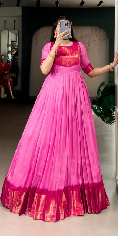 Pink Mass Mello Zari Work Gown | Gowns, Bollywood Gowns, Creative Gowns, Designer Gowns, Embroidered Gowns, Party Wear Gowns