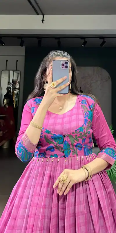 Pink Polyester Viscose Chanderi Gown | Gowns, Bollywood Gowns, Creative Gowns, Designer Gowns, Embroidered Gowns, Party Wear Gowns