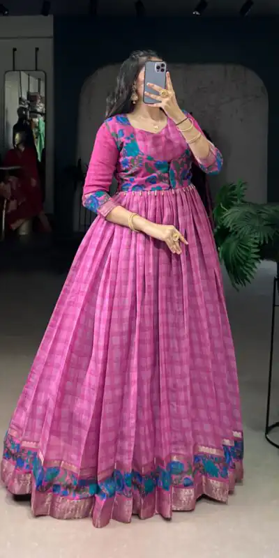 Pink Polyester Viscose Chanderi Gown | Gowns, Bollywood Gowns, Creative Gowns, Designer Gowns, Embroidered Gowns, Party Wear Gowns