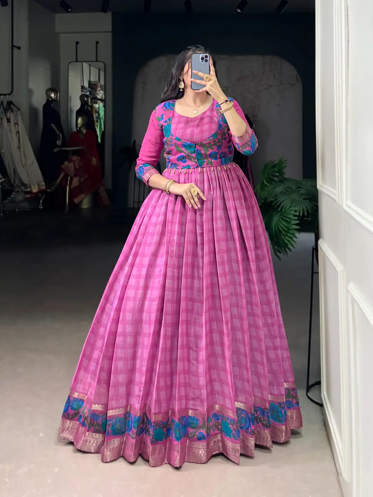 Pink Polyester Viscose Chanderi Gown | Gowns, Bollywood Gowns, Creative Gowns, Designer Gowns, Embroidered Gowns, Party Wear Gowns