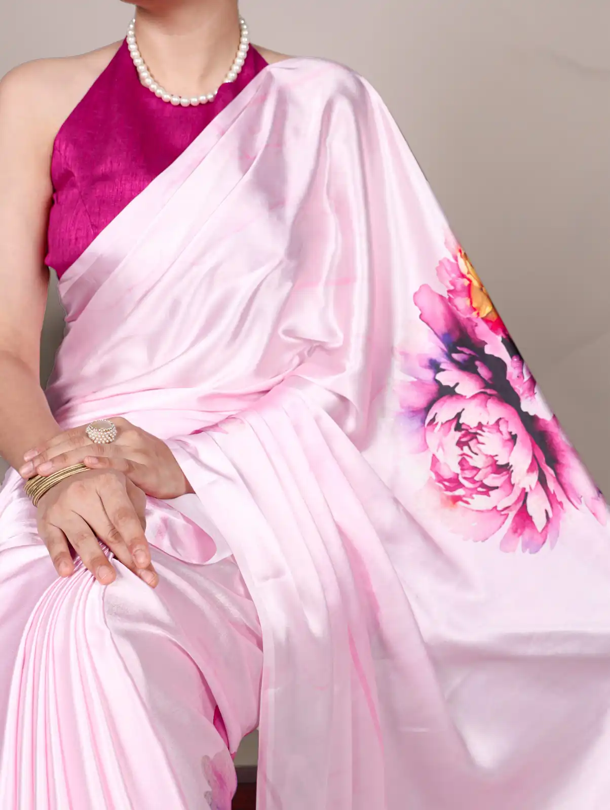 Pink Satin Silk With Floral Printed Saree | Sarees, Bollywood Sarees, Creative Sarees, Designer Sarees, Embroidered Sarees, Ethnic Saree, Modern Digital sarees, Party Wear Sarees