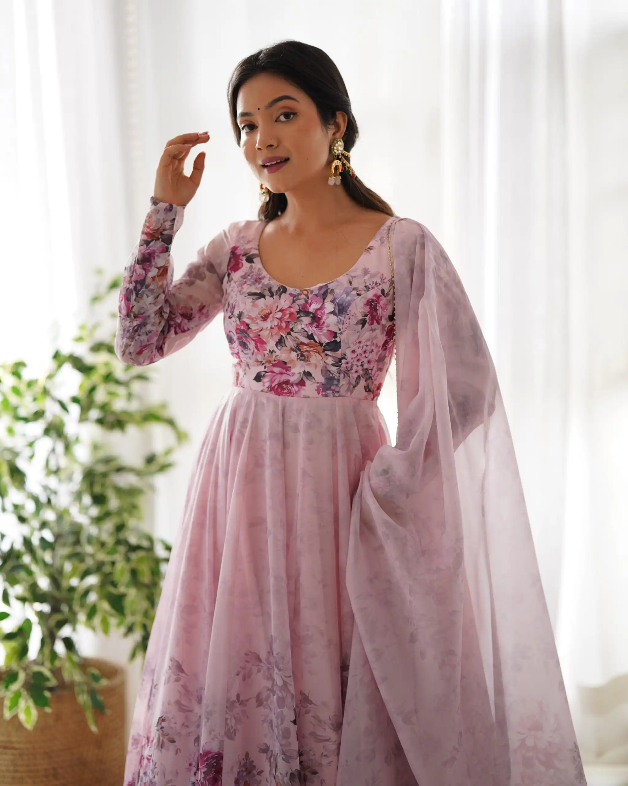 Pink Soft Organza Silk Print With Kali Gown | Gowns, Bollywood Gowns, Creative Gowns, Designer Gowns, Embroidered Gowns, Party Wear Gowns