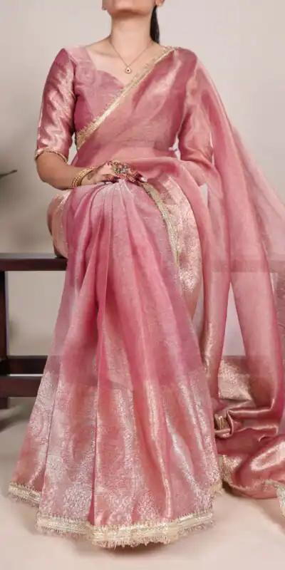 Pink Tissue Shimmer Zari Weaving Work Saree | Sarees, Bollywood Sarees, Creative Sarees, Designer Sarees, Embroidered Sarees, Ethnic Saree, Modern Digital sarees, Party Wear Sarees