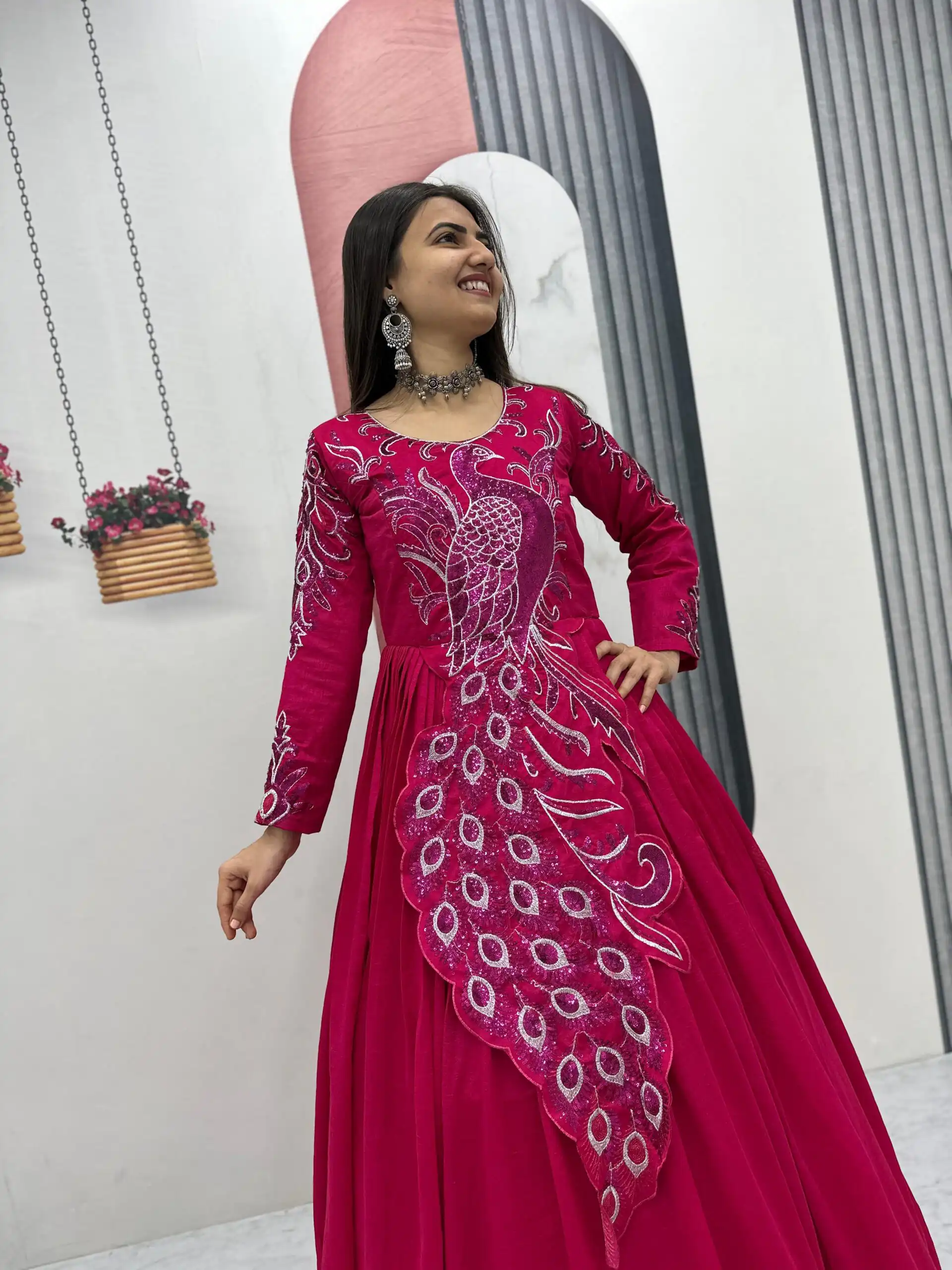 Pink Vichitra Silk Embroider Sequins Work Gown | Gowns, Bollywood Gowns, Creative Gowns, Designer Gowns, Embroidered Gowns, Party Wear Gowns