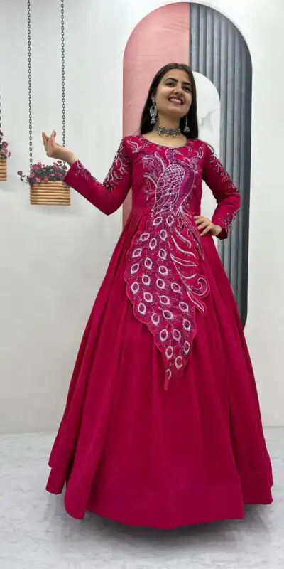 Pink Vichitra Silk Embroider Sequins Work Gown | Gowns, Bollywood Gowns, Creative Gowns, Designer Gowns, Embroidered Gowns, Party Wear Gowns