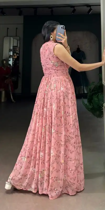 Pink Weightless Marbal Floral Print Gown | Gowns, Bollywood Gowns, Creative Gowns, Designer Gowns, Embroidered Gowns, Party Wear Gowns