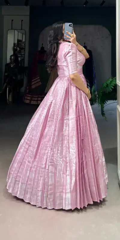Pink Zari Weaving Work Gown | Gowns, Bollywood Gowns, Creative Gowns, Designer Gowns, Embroidered Gowns, Party Wear Gowns