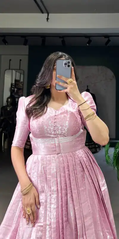 Pink Zari Weaving Work Gown | Gowns, Bollywood Gowns, Creative Gowns, Designer Gowns, Embroidered Gowns, Party Wear Gowns