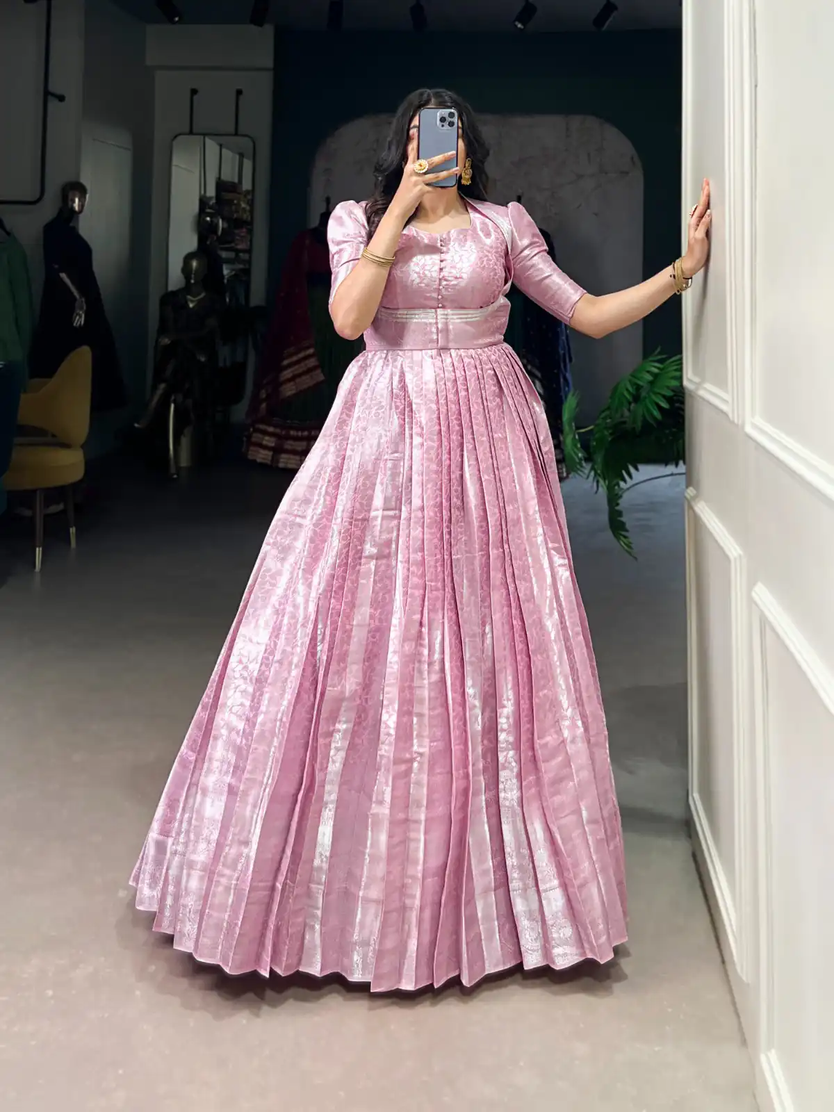 Pink Zari Weaving Work Gown | Gowns, Bollywood Gowns, Creative Gowns, Designer Gowns, Embroidered Gowns, Party Wear Gowns