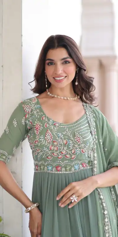 Pista Faux Blooming With Embroidery Work Gown | Gowns, Bollywood Gowns, Creative Gowns, Designer Gowns, Embroidered Gowns, Party Wear Gowns