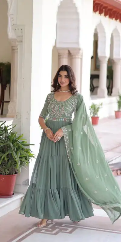 Pista Faux Blooming With Embroidery Work Gown | Gowns, Bollywood Gowns, Creative Gowns, Designer Gowns, Embroidered Gowns, Party Wear Gowns