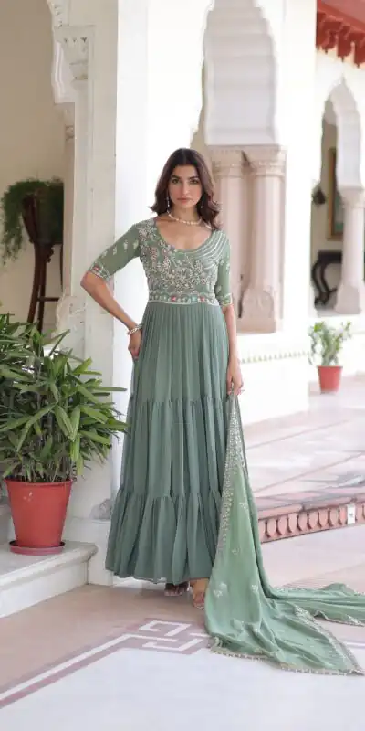 Pista Faux Blooming With Embroidery Work Gown | Gowns, Bollywood Gowns, Creative Gowns, Designer Gowns, Embroidered Gowns, Party Wear Gowns