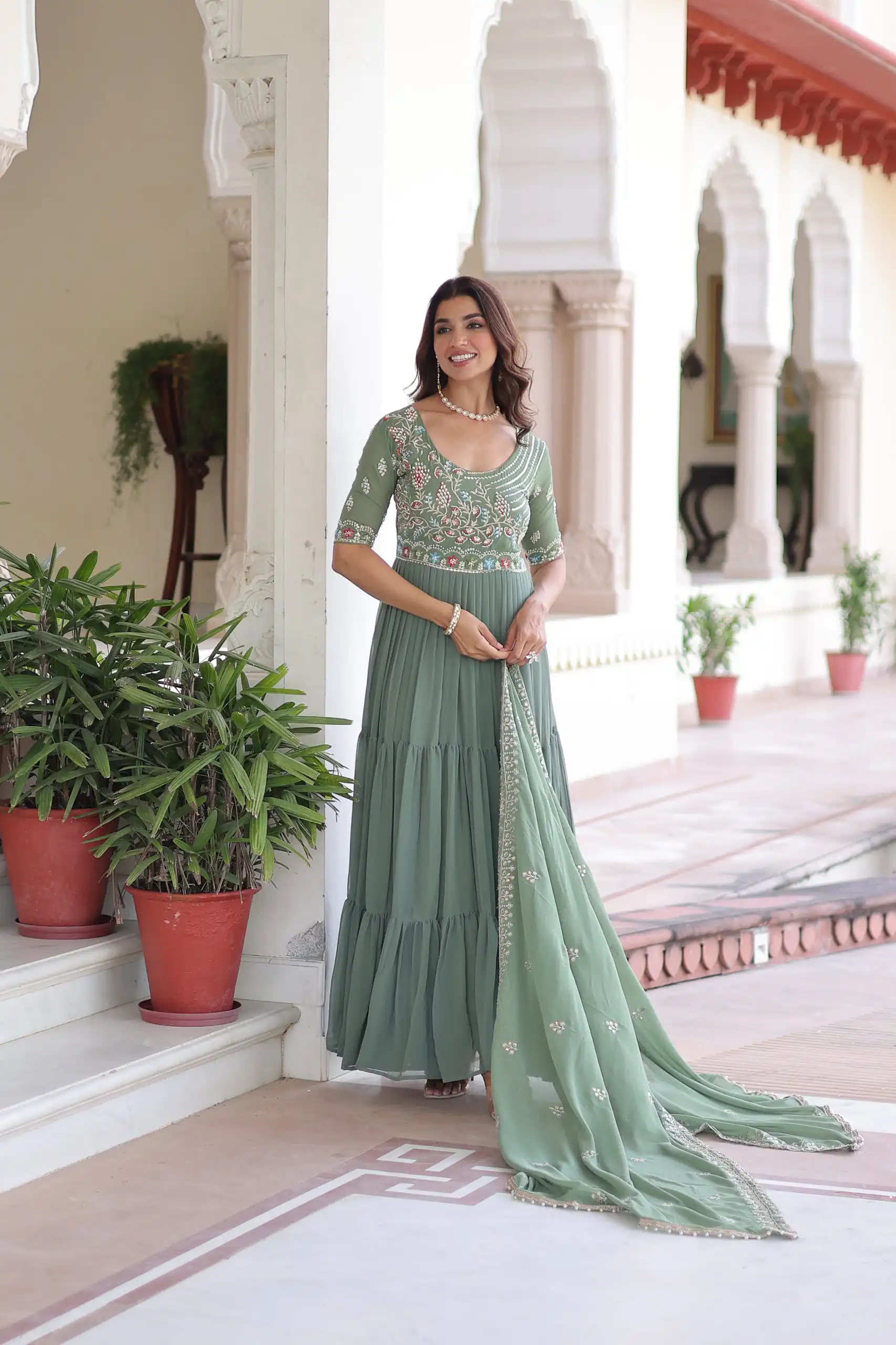 Pista Faux Blooming With Embroidery Work Gown | Gowns, Bollywood Gowns, Creative Gowns, Designer Gowns, Embroidered Gowns, Party Wear Gowns