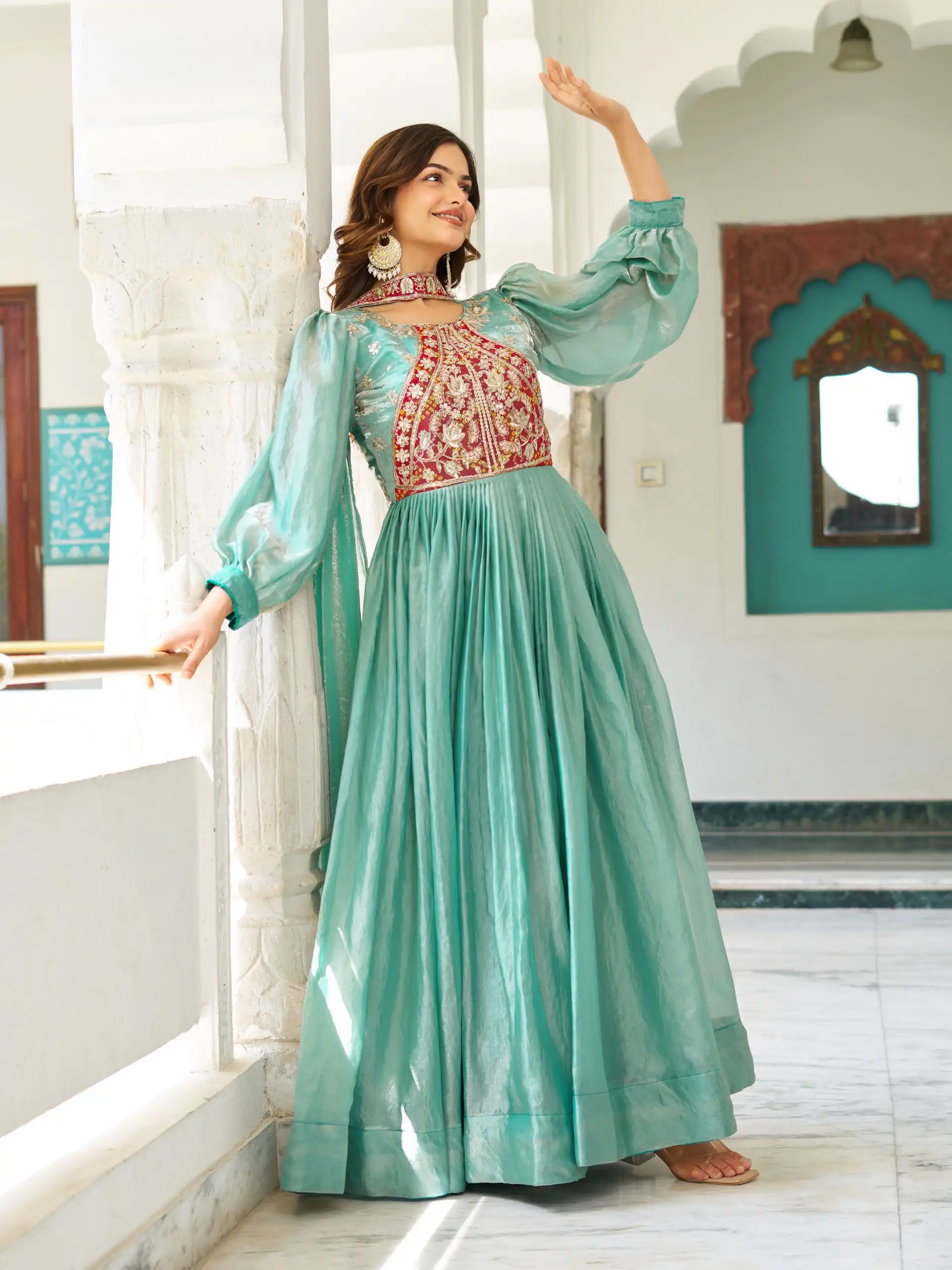 Pista Fendy Silk Embroidery Work Gown | Gowns, Bollywood Gowns, Creative Gowns, Designer Gowns, Embroidered Gowns, Party Wear Gowns