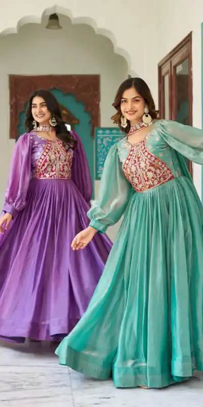 Pista Fendy Silk Embroidery Work Gown | Gowns, Bollywood Gowns, Creative Gowns, Designer Gowns, Embroidered Gowns, Party Wear Gowns