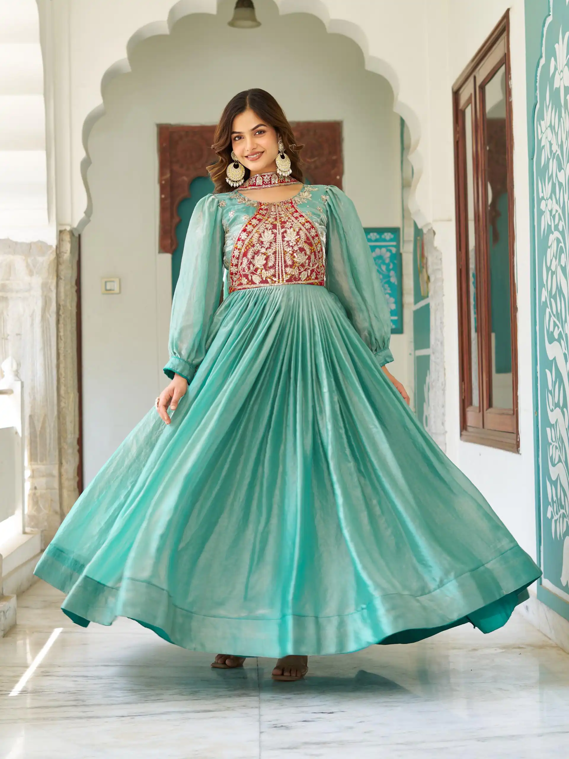 Pista Fendy Silk Embroidery Work Gown | Gowns, Bollywood Gowns, Creative Gowns, Designer Gowns, Embroidered Gowns, Party Wear Gowns
