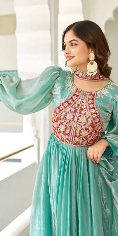 Pista Fendy Silk Embroidery Work Gown | Gowns, Bollywood Gowns, Creative Gowns, Designer Gowns, Embroidered Gowns, Party Wear Gowns
