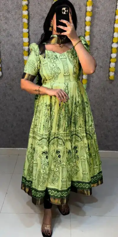 Pista Malai Satin Digital Kalamkari Print Gown | Gowns, Bollywood Gowns, Creative Gowns, Designer Gowns, Embroidered Gowns, Party Wear Gowns