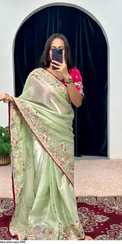 Pista Organza Silk Embroidery Cut Work Saree | Sarees, Bollywood Sarees, Creative Sarees, Designer Sarees, Embroidered Sarees, Ethnic Saree, Modern Digital sarees, Party Wear Sarees