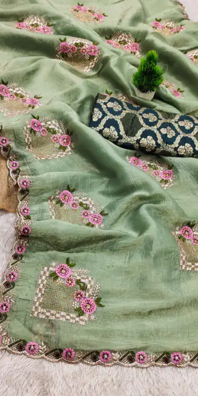 Pista Paper Silk Crush With Embroider Saree | Sarees, Bollywood Sarees, Creative Sarees, Designer Sarees, Embroidered Sarees, Ethnic Saree, Modern Digital sarees, Party Wear Sarees